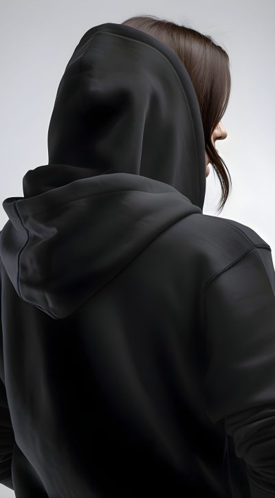 Rear view of young woman in black hoodie on grey background