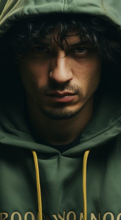 One young man, hooded, looking at camera in the rain generated by artificial intelligence